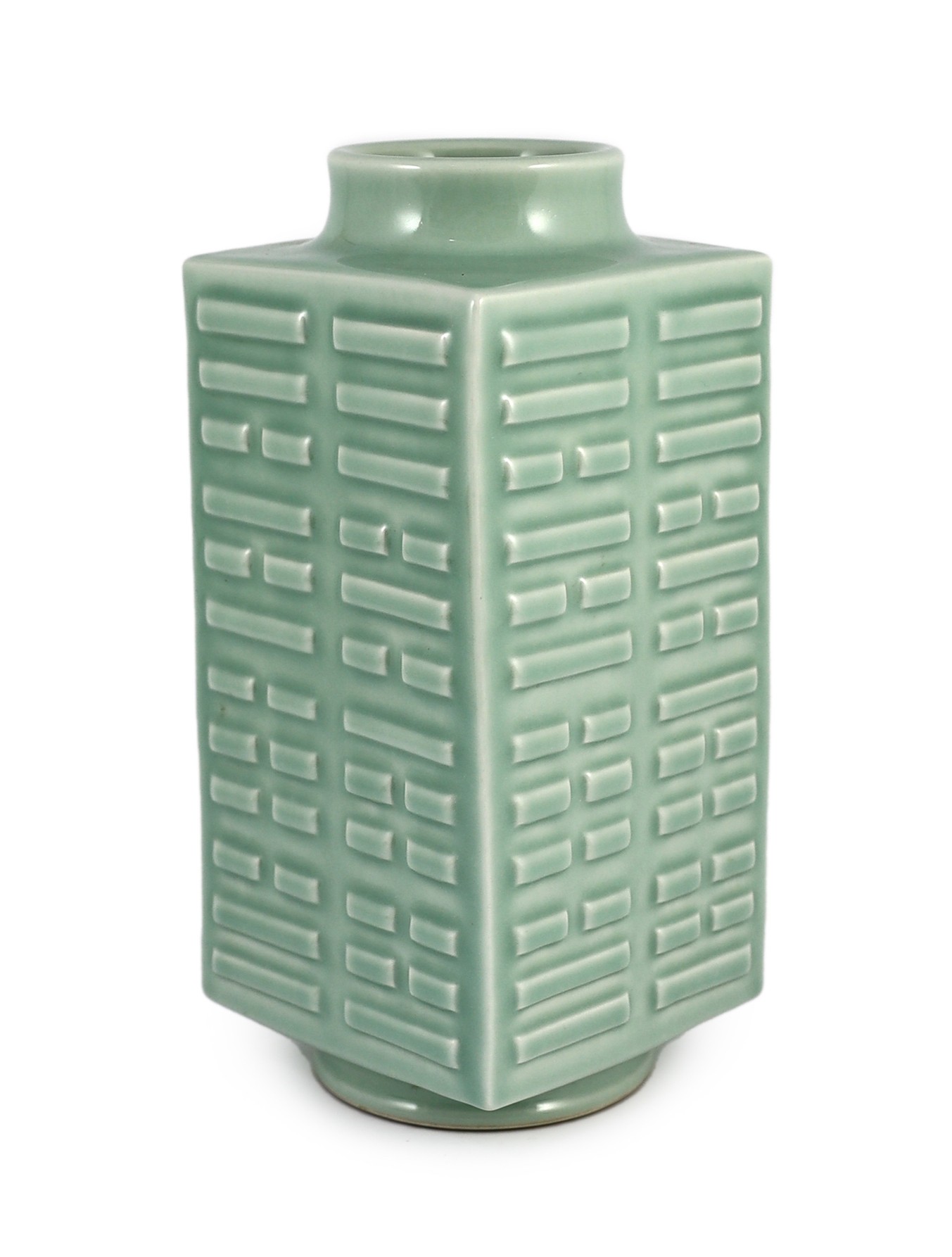 A Chinese celadon glazed ‘eight trigrams’ square vase, cong, Guangxu six character mark probably later, 30cm high